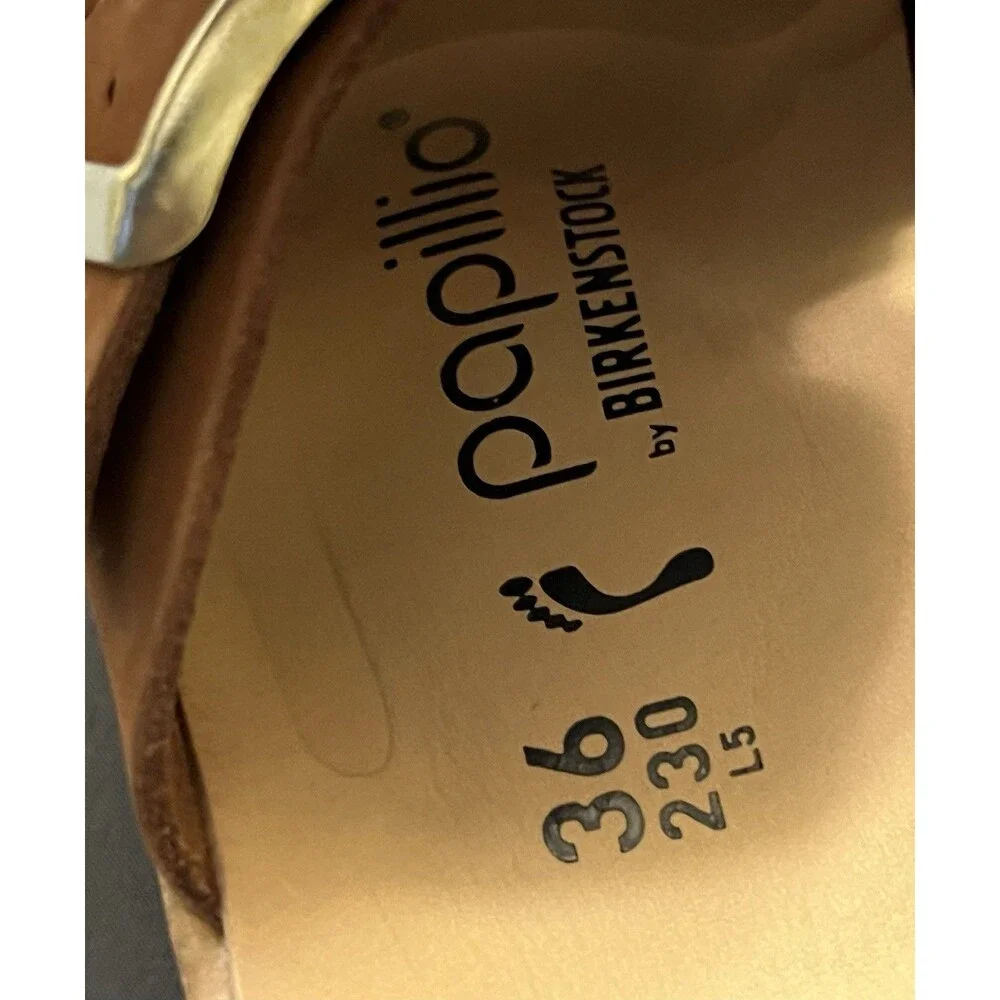 Papillio by Birkenstock Women's Brown Leather Buckle Slide Wedge EU 36
